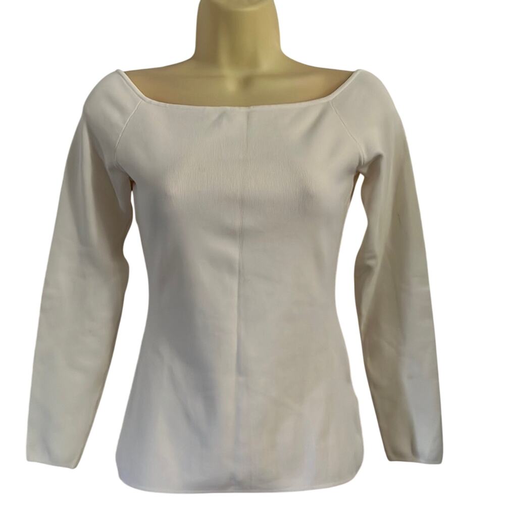 H&M White Knit Top Woman Size Medium Pullover Square Neck Long Sleeves Bodycon